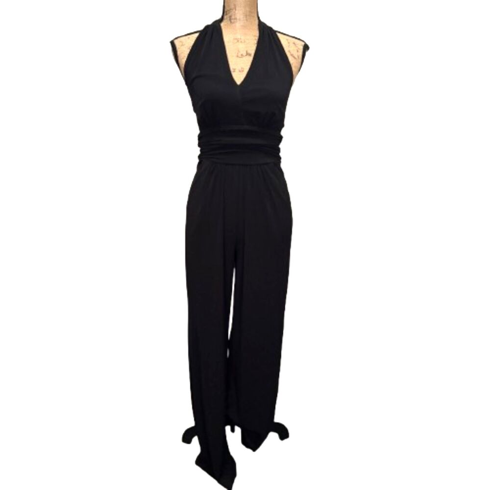 Bostonβ Proper Black Halter Wide Leg Jumpsuit Ruched Waist Open Tie Back Size 0